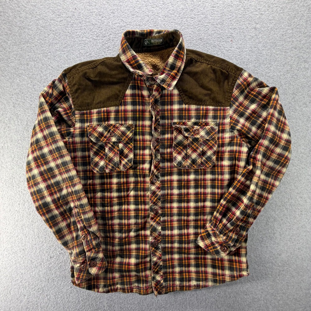 Outdoor Series Mens XL Plaid Sherpa Lined Flannel Shirt Jacket Corduroy Patches
